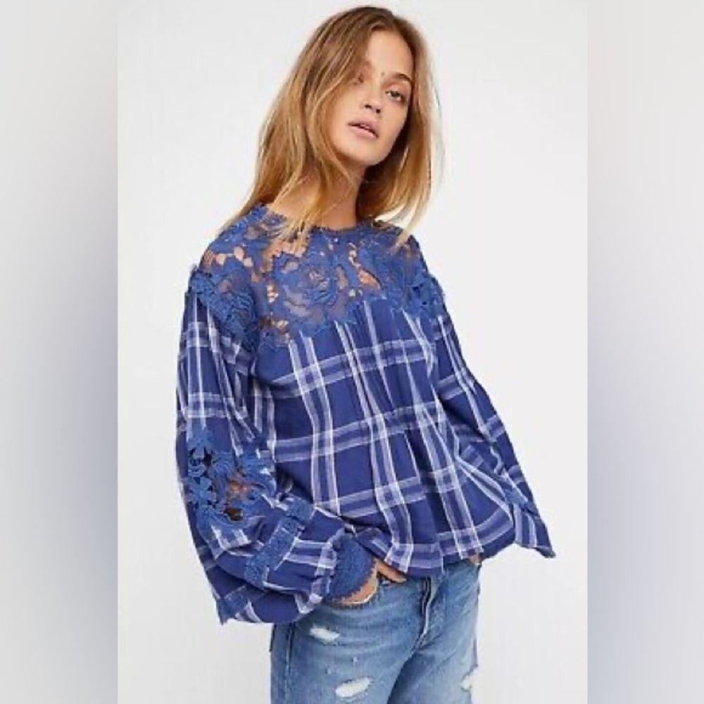 Free People Darling Diana Top Womens Small Blue White Plaid Floral Lace Boho